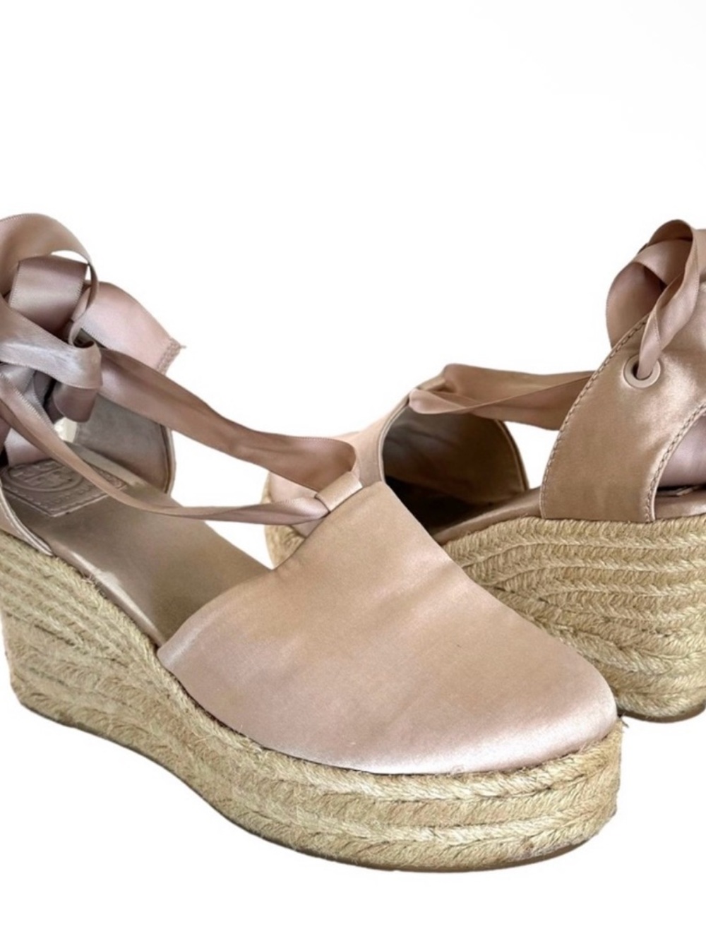 Tory Burch Elisa Blush Satin Wedge Espadrille Ankle Strap Sandals Women’s 8.5